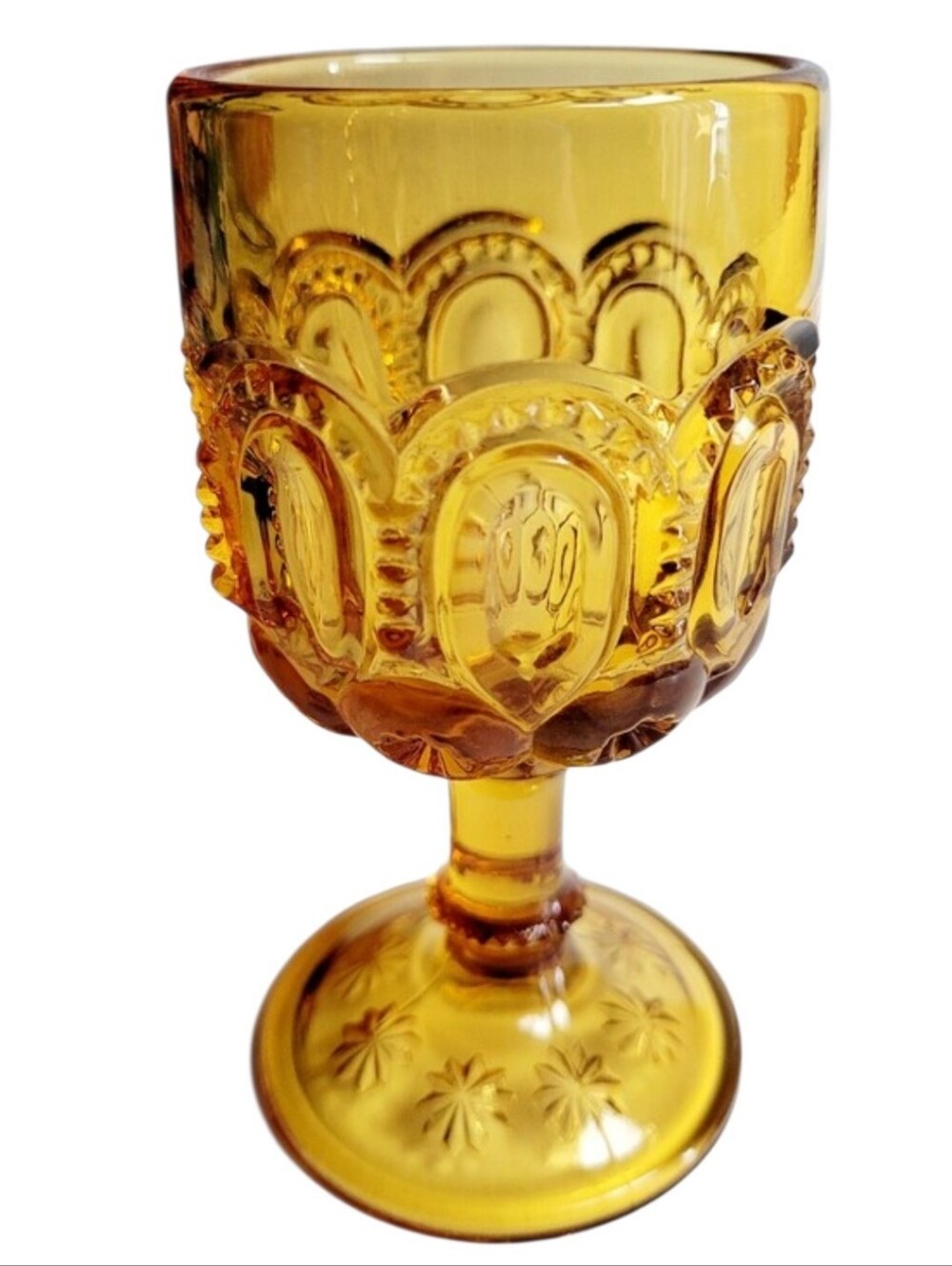 Vintage L.E. Smith "Moon & Stars" Amber Wine Goblet 4.5"